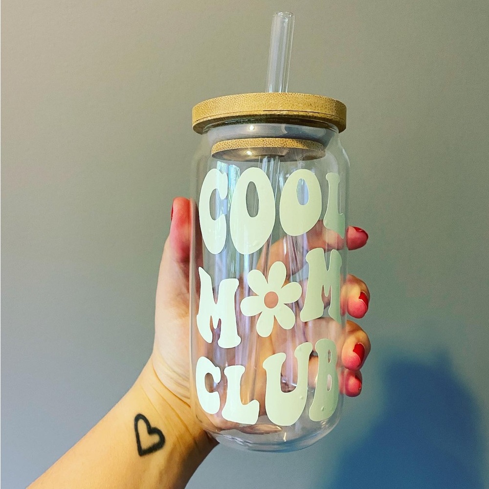 Homemade “Cool mom club” 16oz glass cup with bamboo lid and glass straw